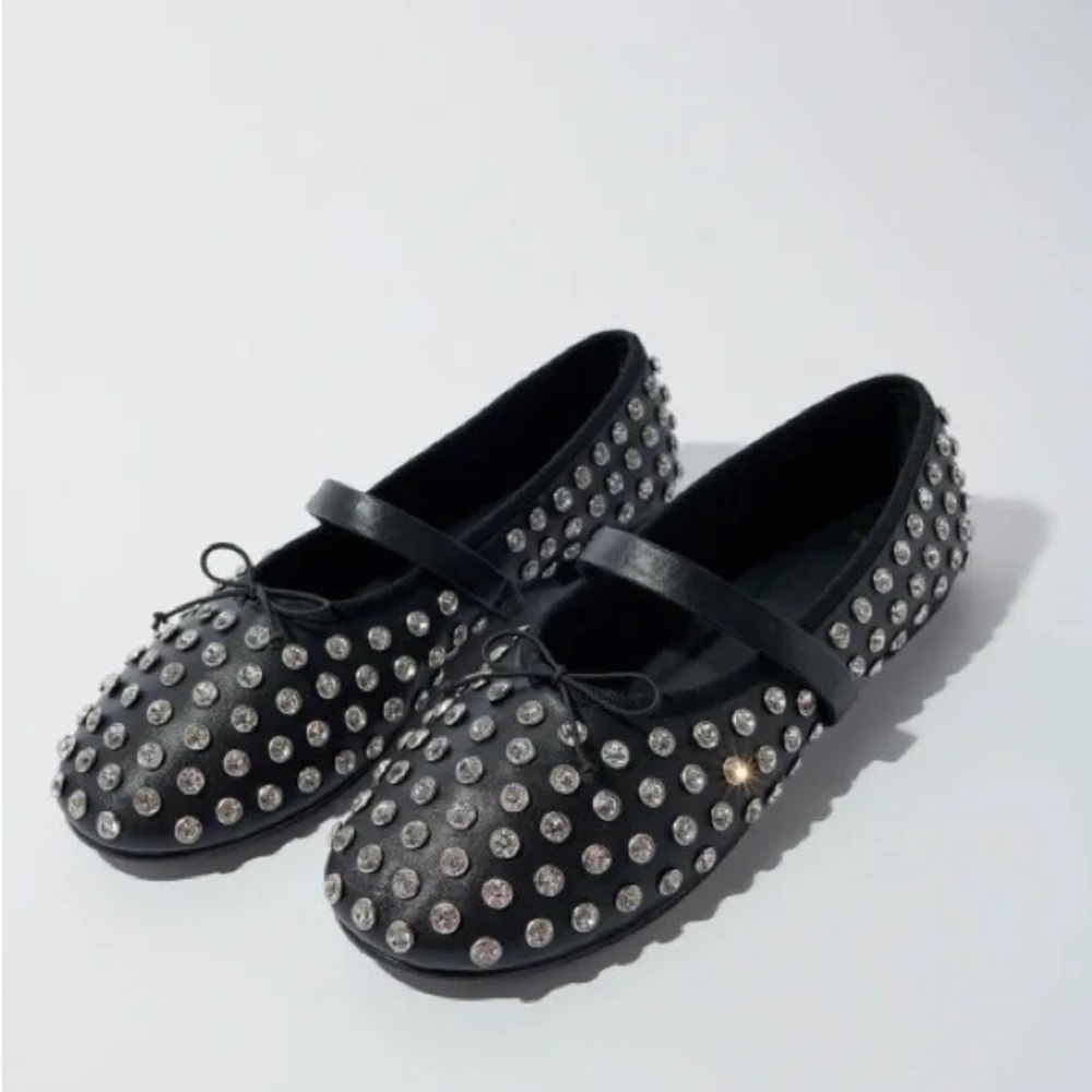 Maje Diamante Crystal Rhinestone Studded Mary Jane Ballet Flats Black Sz 40